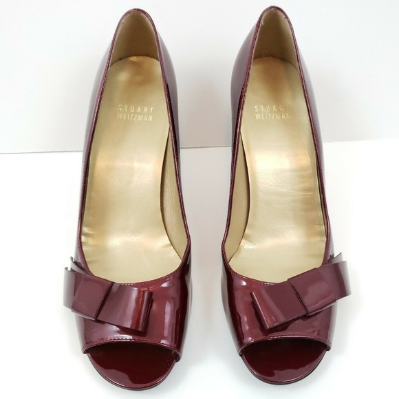 👠 Stuart Weitzman, Burgundy Bow Open-Toe Heels - Picture 3 of 10